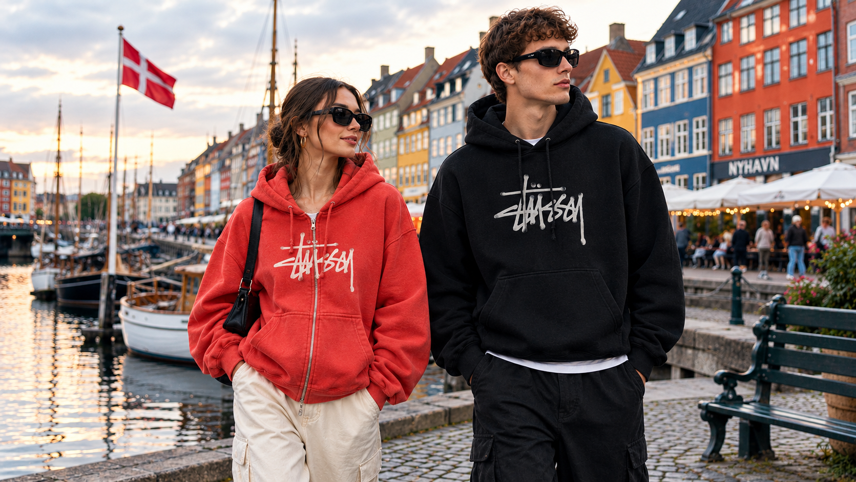 Stussy red and black hoodies in Copenhagen.