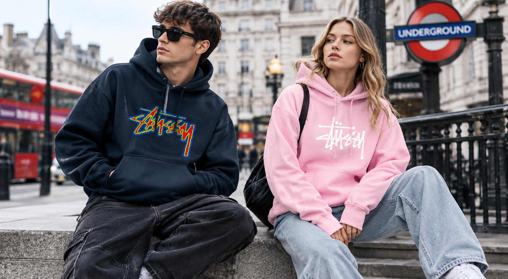 Stylish Stussy hoodies i navyblå og lyserød i Londons streetwear-stil.