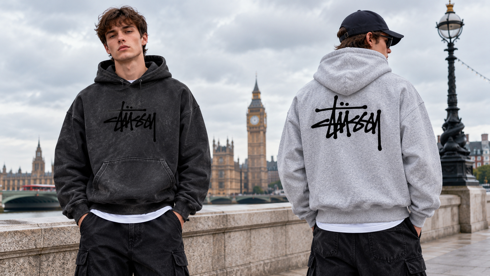 Two men wearing black and grey Stussy hoodies in London.