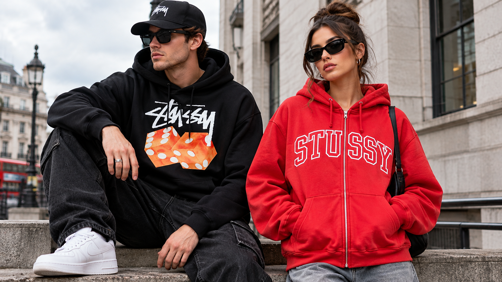 Red and black Stussy hoodies.