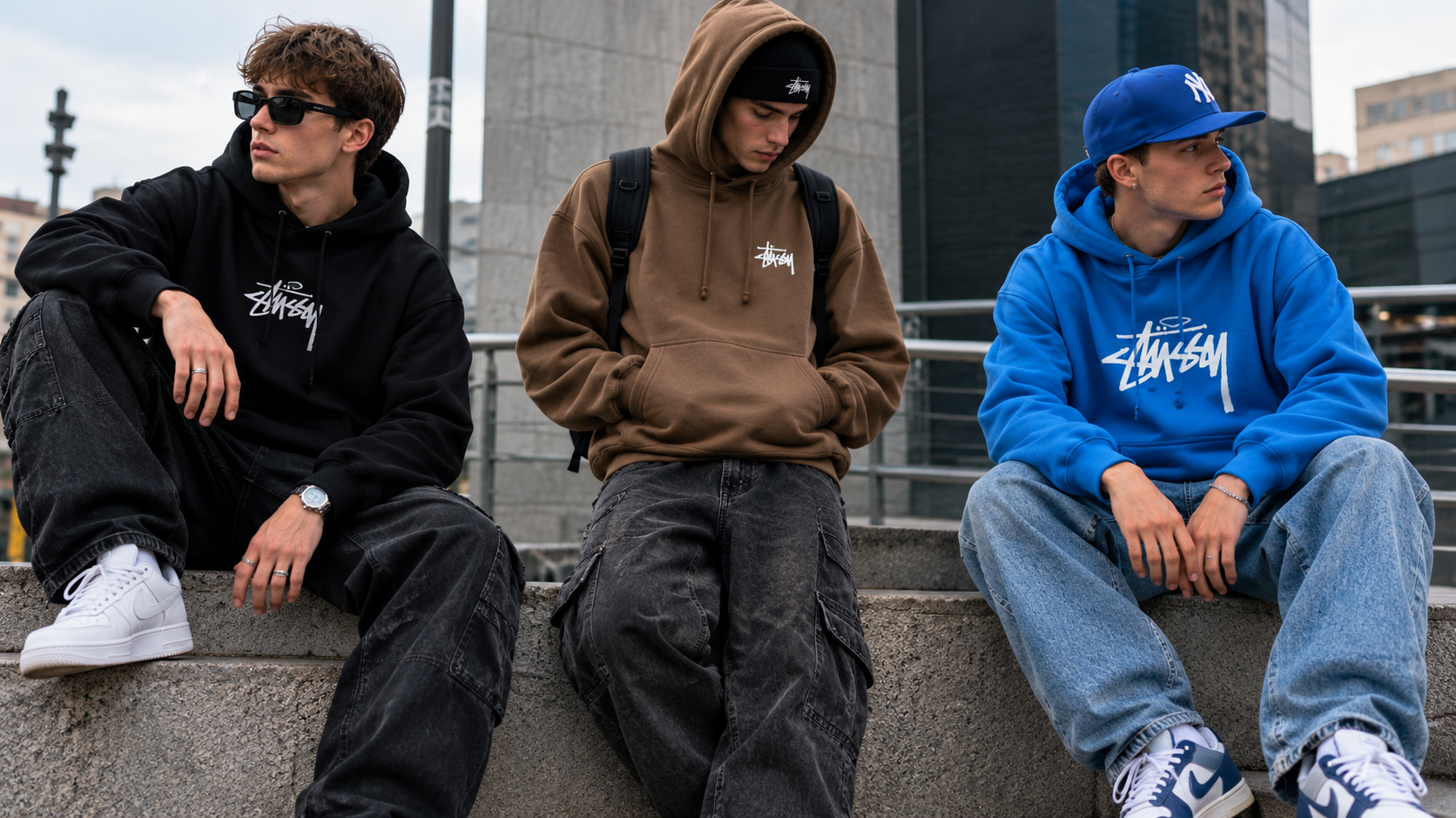 Three men wearing black, brown, and blue Stussy hoodies.